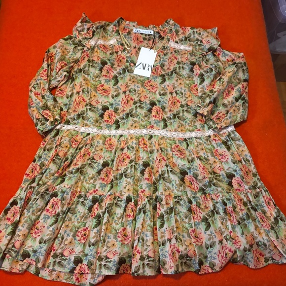 Zara peasant warm colours floral ruffles and lace low wasted mini dress NWT - Picture 2 of 11